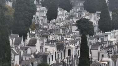 Portekiz mezarlığı Lizbon 'da Prazeres, Portekiz sisli bulutlu havada, hava aracı atışı. Yüksek kalite 4k görüntü