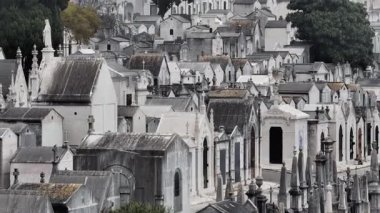  Portekiz mezarlığı Lizbon 'da Prazeres, Portekiz sisli bulutlu havada, hava aracı atışı. Yüksek kalite 4k görüntü