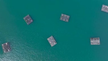 İspanya kıyıları boyunca yüzen platformlar olan A Illa de Aosta, Pontevedra, İspanya 'nın havadan görünüşü. Yüksek kalite 4k görüntü