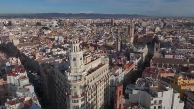 Valencia Şehir Merkezi, Valencia Katedrali, Hava Aracı Manzaralı. Plaza de Virgen, Placa de la Reina Valencia, İspanya. Yüksek kalite 4k görüntü