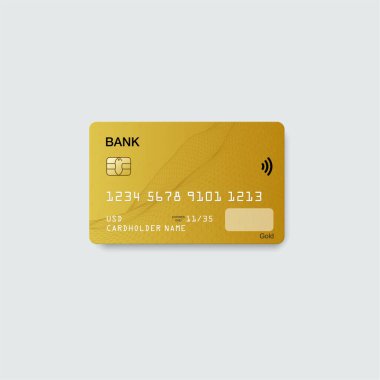 Gold credit card isolated on grey background with transparent shadow. Vector, eps 10. Detailed glossy bank card concept. Abstract design for business, payment history, online shopping, web, banking.