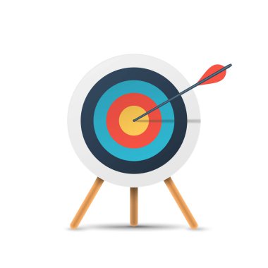 Target with arrow, standing on a tripod. Goal achieve, strategy, success, solution concept. 3d realistic vector illustration isolated on white background. Transparent shadows