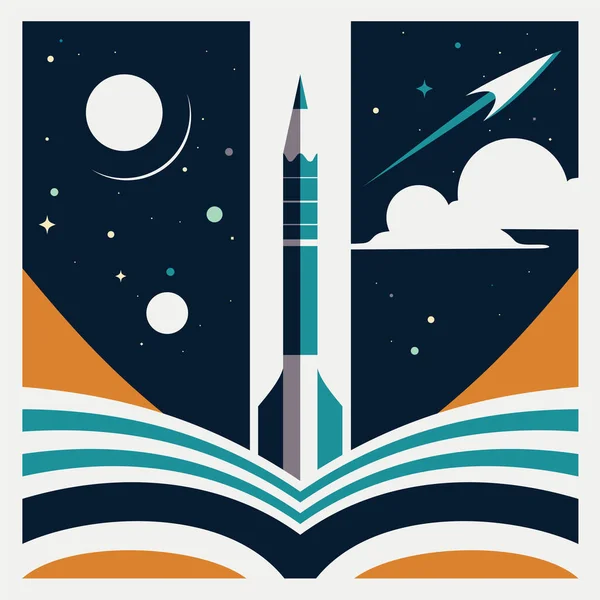 Lanzamiento Cohetes Lápiz Universo Dentro Del Libro Concepto Educación Formación — Vector de stock