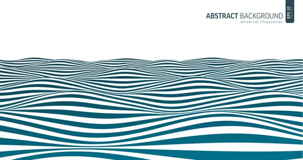 抽象的な青と白の縞模様の3D波 ベクトル光学錯視 海の芸術パターン リニアオペアンプアートダイナミック壁紙 ストームエフェクトの背景モノクロイラスト 遠近法 レトロな線 — ストックベクタ