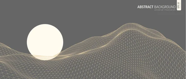 山谷和山丘 矢量景观 摘要线框网格背景 3D网格技术示例 数字网络空间 透视海浪线 几何图案 — 图库矢量图片