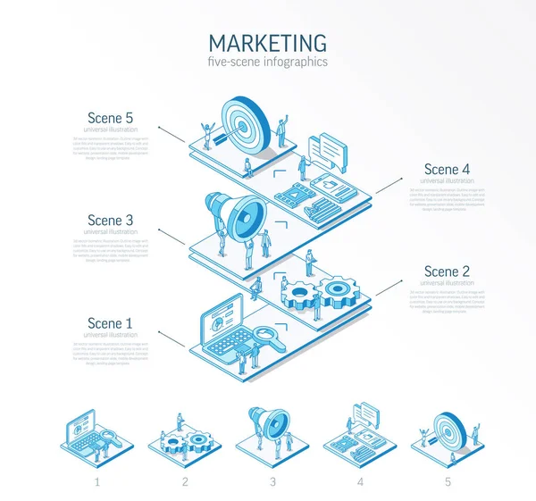 Ισομετρική Γραμμή Ψηφιακό Μάρκετινγκ Infographic Πρότυπο Κινητή Διαφημιστική Στρατηγική Παρουσίαση — Διανυσματικό Αρχείο
