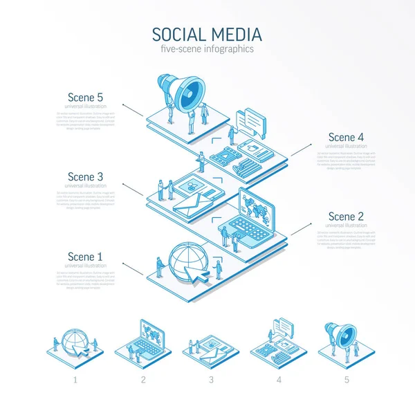 Ισομετρική Γραμμή Social Media Network Infographic Πρότυπο Ειδήσεις Περιεχόμενο Παρουσίαση Διάνυσμα Αρχείου