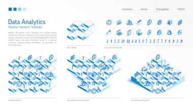 Büyük veri analizi modüler izometrik yapıcı. Kusursuz kalıp tabanı, çizgi simgesi, karakter seti. Geliştirme, üst katta büyüme, takım çalışması konsepti. Seo Tech, rapor ver, analiz platformu. İş bilgisi