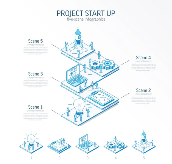 Lijn Isometrische Project Start Infographic Template Succes Opstarten Innovatie Product — Stockvector