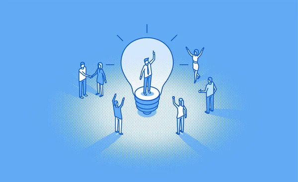 Team Leader Inspiration Glowing Light Bulb Happy Brainstorm Result Isometric Vector Graphics