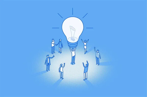 Inspiração Brilho Lâmpada Nas Mãos Líder Equipe Feliz Resultado Brainstorm Ilustração De Bancos De Imagens