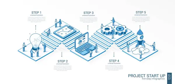 Linie Isometrische Projekt Start Infografik Vorlage Erfolgreiches Start Innovatives Produktpräsentationslayout lizenzfreie Stockillustrationen