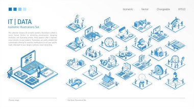 IT, Bilgi, Veri Teknolojisi, Isometric Illustrasyon seti. Meşgul insanlar takım çalışması 3 boyutlu sahneler. Erkekler ve kadınlar çalışma takımı. Vector Infographic, sunum tasarımı. Veritabanı, vr, program simgesi kavramı