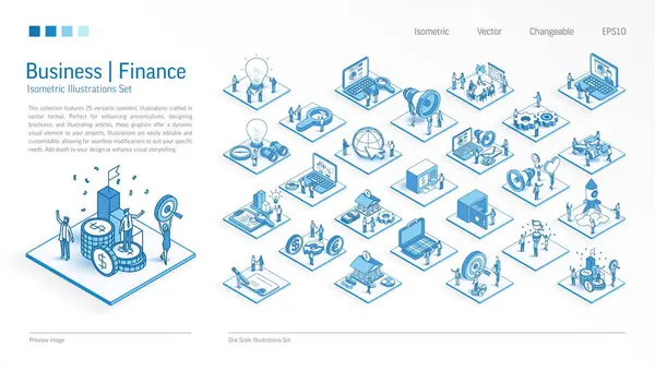 Business Financiën Isometrische Illustraties Set Drukke Mensen Teamwork Bank Management Rechtenvrije Stockillustraties