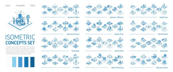 Isometrische Abbildungen Gesetzt Geschäftige Menschen Teamwork Konzeptszenen Icons Für Unternehmen Stockillustration