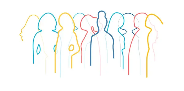 人们站在一起 彩色细线矢量 摘要平面图解 国际女子面容 体形轮廓群 不同的年轻女孩背景 世界妇女日 多样性概念 图库插图