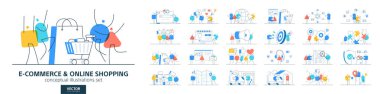 Çevrimiçi alışveriş, perakende satış, alım. Çalışan düz vektör kümesi. Cep telefonu ödemesi, ticaret, teslimat ve ürün konseptleri. Modern bilgi tasarımı. Mağaza, satış, müşteri simgeleri