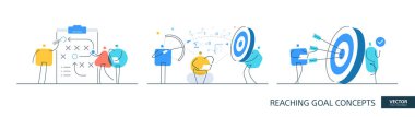 İnce çizgi şeklinde çizilmiş stratejik hedef çizimleri. Başarı planı soyut doğrusal vektör tasarım kavramları. Hedef analizi düz simgeler. Küçük geometrik insan takımı.