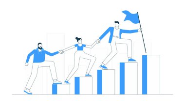 İş ekibi başarıya tırmanıyor. Takım çalışması, liderlik, destek ve kurumsal büyüme. Hedef, kariyer ve ortaklık kavramına sahip düz vektör illüstrasyonu.