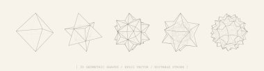 3 boyutlu vektör şekilleri ayarlandı. Geometri tarzında soyut çokyüzlü formlar. Geometrik elementler kablo hatlarını, yıldızları, küpleri, çokgen yapılarını içerir. Teknoloji, matematik ve bilim kavramları için ağ grafik tasarımı