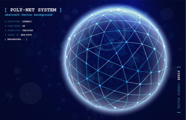 Çokgenlerden, çizgilerden, noktalardan oluşan üç boyutlu bir küre. Küresel ağ, dijital veri ve teknoloji modelleri. Işık, parçacık ve siber uzay elementleriyle gelecekteki yapay zeka tasarımı. Bilim ve iş konsepti