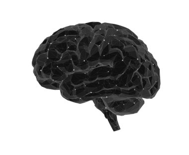 Beyaz zemin üzerinde çokgen, çizgi ve örgü bulunan düşük poli vektör dizaynlı soyut beyin. Fütürist bilim illüstrasyonu teknoloji, nöroloji, psikoloji ve dijital zihni yansıtır..