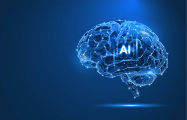Çip, işlemci ve çokgen vektör dizaynlı fütürist yapay zeka. Soyut teknoloji geçmişi. Veri, dijital zeka, makine öğrenme, robot ve bilgisayar ağı kavramları.