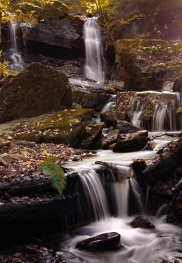 Şelale manzarası. Dağlar su taşkınlığı 