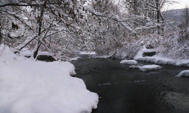 Karla kaplı küçük bir şelale.