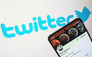 Logo geçmişi olan Elon Musk Twitter hesabı. Twitter 'ın yeni sahibi ve CEO' su. Krakow, Polonya - 11 Kasım 2022.