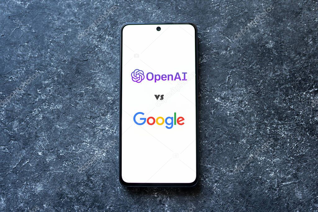 OpenAI ChatGPT bot vs Google on phone screen on concrete background, AI replacing Google concept. Swansea, UK - January 3, 2023.