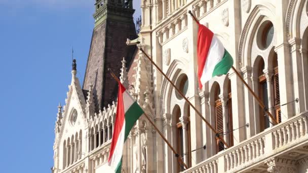 ハンガリー国旗 ブダペストのハンガリー国会議事堂 — ストック動画