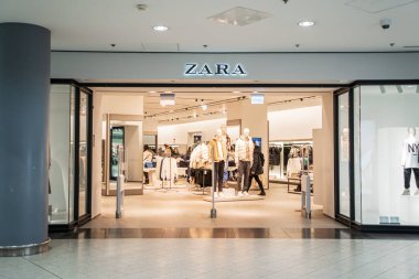 Zara Mens Clothing store front and shop logo in a shopping mall. Zara is a Spanish fast fashion clothing and accessories retailer. Budapest, Hungary - February 3, 2023.