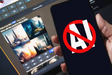 No AI sign on smartphone with Midjourney bot on Discord background. Stop AI generated images, artificial intelligence art copyright lawsuit concept. Warsaw, Poland - February 3, 2023.