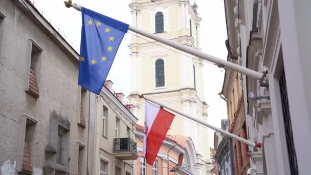 Bendera Polandia Dan Uni Eropa Jalan Tidak Ada Gerakan Lambat — Stok Video