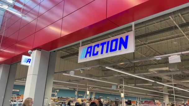 Action Store Entrance Logo Sign Board Dutch International Chain Discount — Stock Video