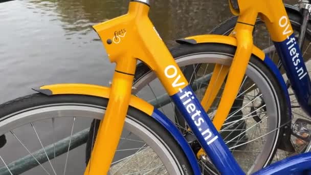 オランダの鉄道会社NsからOv Fietsレンタサイクル 黄色と青の自転車がアムステルダム運河の橋の上に駐車した クローズアップ アムステルダム オランダ 10月 2023 — ストック動画
