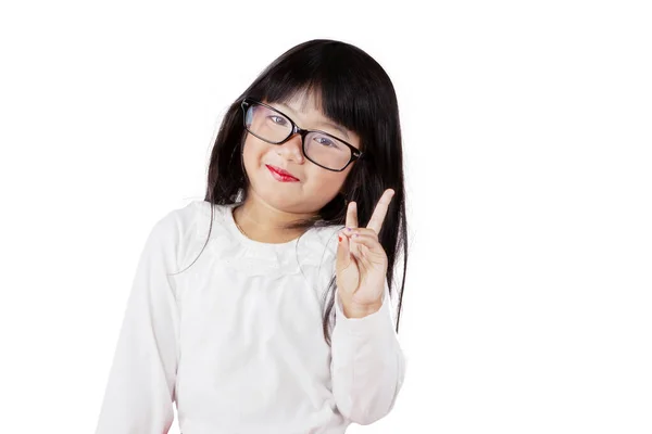 Cute Schoolgirl Showing Victory Sign While Standing Studio Isolated White — Stock Photo, Image