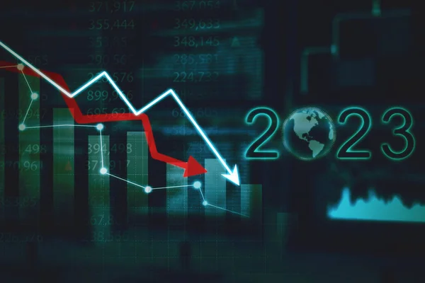 Abnehmender Finanzpfeil Mit Zahl 2023 Und Globus Virtuellen Bildschirmhintergrund — Stockfoto