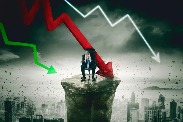 Depressieve Mannelijke Manager Zit Stoel Met Dalende Financiën Pijl Storm — Stockfoto