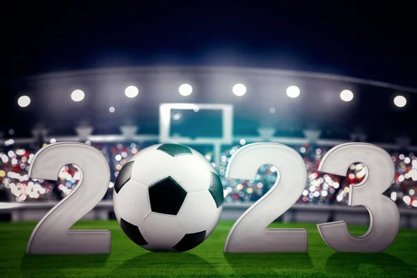 Detail Fotbalového Míče Číslem 2023 Stadionu Přeplněným Diváckým Pozadím — Stock fotografie