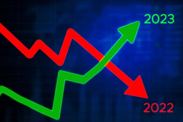 Two Arrows Comparing Growth Finance Business 2022 2023 Year Virtual — Stock Photo, Image