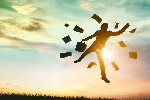 夕暮れ時にブリーフケースを持ちながら牧草地で書類を持って飛び跳ねることで幸せを表現するビジネスマンのシルエット — ストック写真