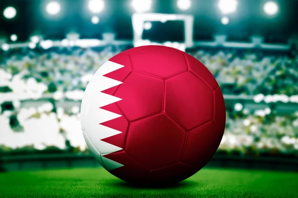 Primer Plano Pelota Fútbol Con Bandera Qatar Estadio —  Fotos de Stock