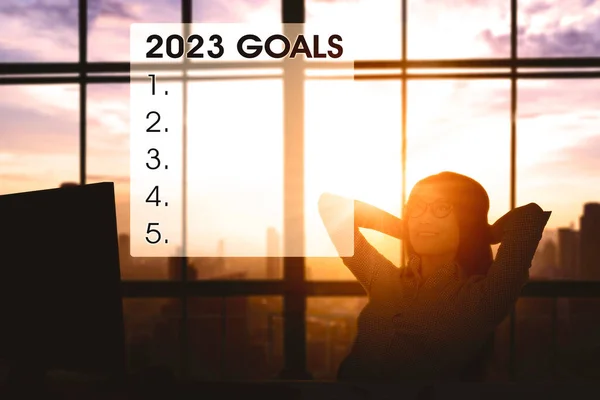 Silhouette Businesswoman Looking List Goals 2023 While Sitting Dusk Sunlight — Stock Photo, Image