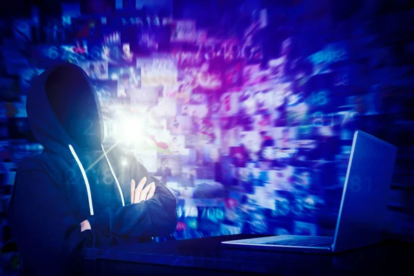 Double Exposure Confident Hacker Using Laptop While Sitting Blurred Virtual — Stock Photo, Image