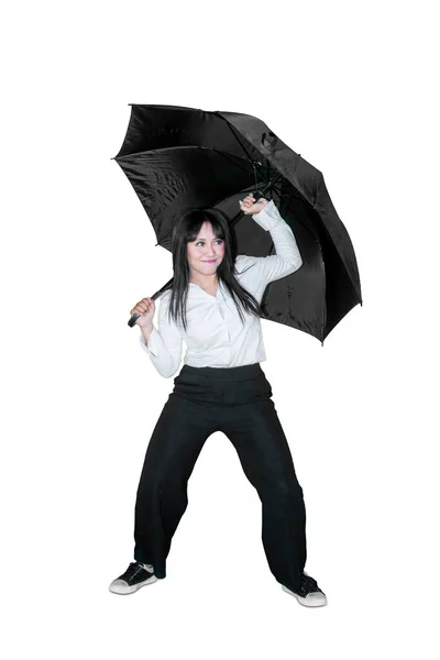 Szczęśliwa Bizneswoman Trzymająca Parasol Podczas Tańca Studio Izolacja Białym Tle — Zdjęcie stockowe