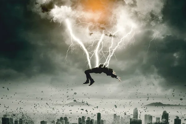 Male Manager Attacked Lightning Falling Sky City — Stock Photo, Image