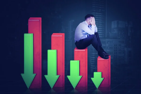 Image Sad Businessman Sitting Declining Finance Chart Cityscape Background — Stock Photo, Image