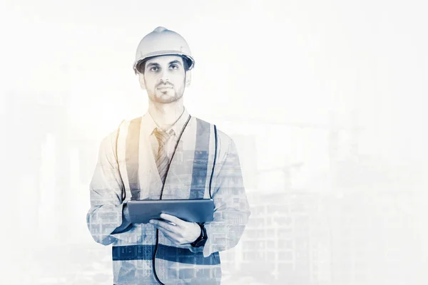 Double Exposure Male Constructor Using Digital Tablet While Standing Buildings — Stock Photo, Image